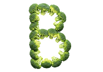The letter b formed by fresh green broccoli florets arranged artistically isolated on transparent background