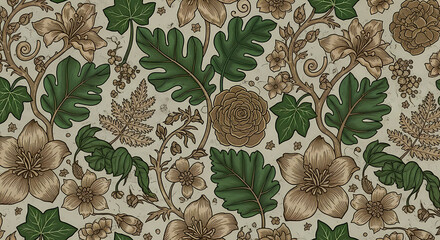 Detailed floral pattern with green leaves and brown flowers on a light beige background design style
