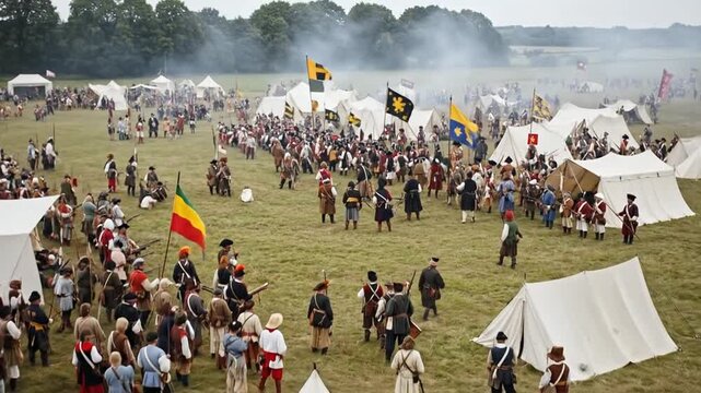 Historical Reenactment Camp Scene with Drone Operator Capturing the Event.