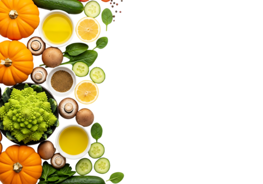 Assortment of fresh autumn vegetables like pumpkin, romanesco broccoli, mushroom, and cucumber arranged vertically on a transparent background