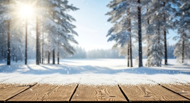 Empty rustic wooden table with shimmering sunlight illuminating a pristine snow-covered winter forest landscape, perfect for product display or festive holiday advertising backdrop