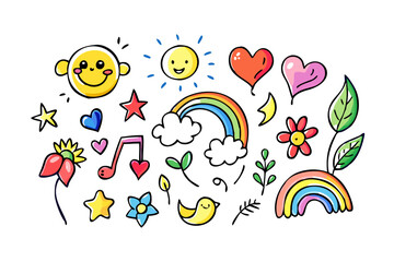 Multicolor cartoon doodle elements on white background