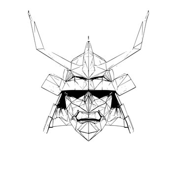 Geometric line art drawing of a traditional japanese samurai helmet
