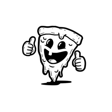 Happy cartoon pizza slice mascot giving two thumbs up sign