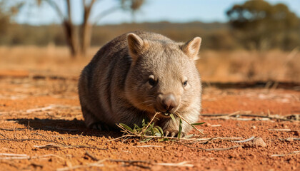 Detailed Close-up of a Wombat Eating Vegetation in the Australian Outback