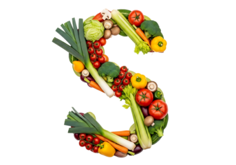 The letter s creatively formed by a vibrant assortment of fresh, healthy vegetables and produce isolated on transparent background