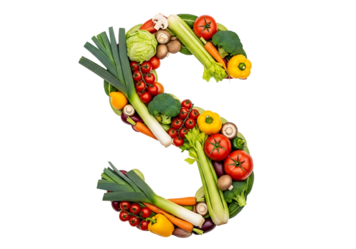 The letter s creatively formed by a vibrant assortment of fresh, healthy vegetables and produce isolated on transparent background