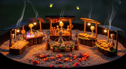 Miniature fantasy figures operate illuminated stalls selling baked goods and crystals outdoors at twilight