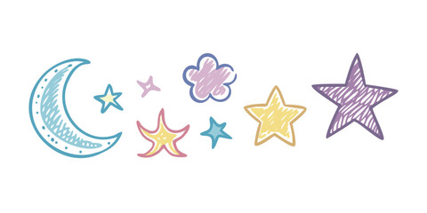 Pastel doodle stars and crescent moon on white background