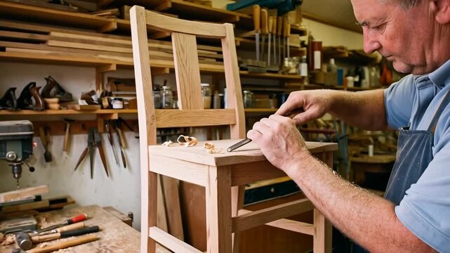 Close-up of a carpenter crafting a wooden chair in his workshop.