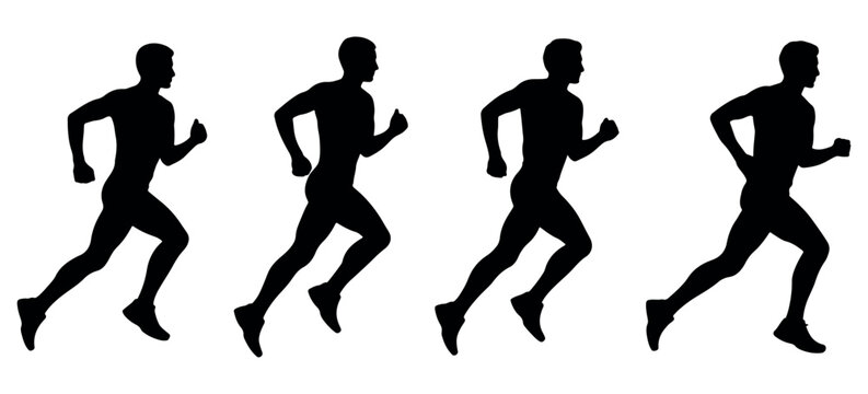 Running athlete silhouettes in dynamic action poses, perfect for sports graphics, fitness concepts, marathon themes, training illustrations, and energetic motion-focused modern vector artwork 