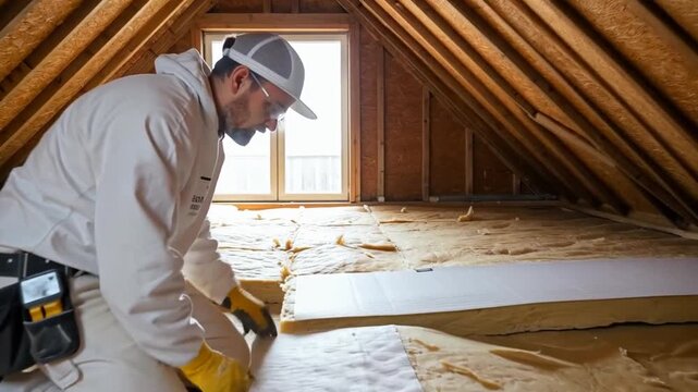 Worker installing thermal insulation in an attic space.