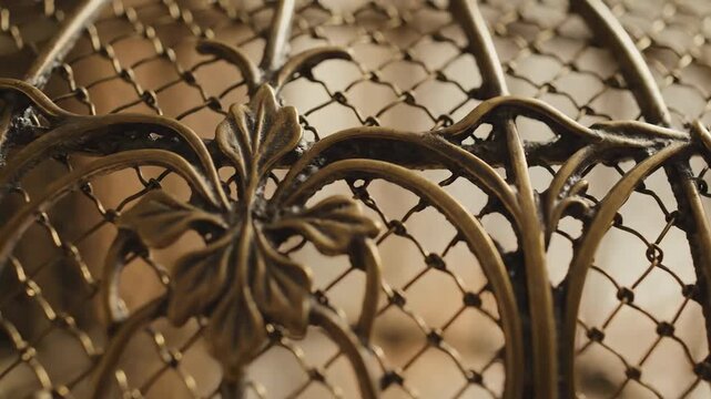 Close up video of ornamental metal fence with intricate floral design and mesh background