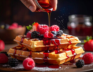 Berry syrup cascading over Belgian waffle in dynamic macro pour
