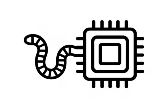 Computer worm icon attacking processor or microchip