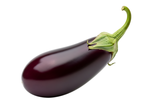 A single ripe, deep purple eggplant with a vibrant green stem and calyx, isolated on transparent background
