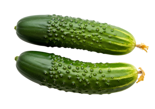 Two fresh, bumpy pickling cucumbers with short stems shown side by side isolated on transparent background