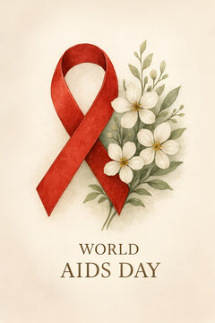 Red Ribbon Floral Illustration &ndash; World AIDS Day