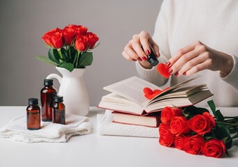 Aromatherapy, self care, Valentine's Day aesthetic, woman with manicured hands holds a heart-shaped sponge over an open book while applying essential oil. Red roses, amber bottles, and heart decor sym
