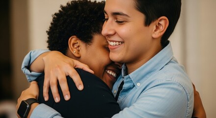 Diverse people hugging and smiling indoors
Close-up of two diverse young people warmly embracing each other with joyful expressions. One has short dark hair, the other has curly afro hair. Concept of 