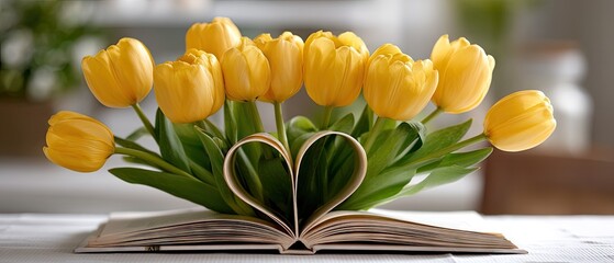 Bright yellow tulips on an open book with heart-shaped pages create a charming scene on a white tablecloth in a cozy setting