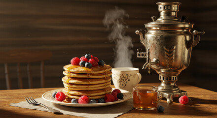 Steaming hot stack of fluffy pancakes topped with fresh blueberry and raspberry, served with honey and traditional russian samovar tea set
