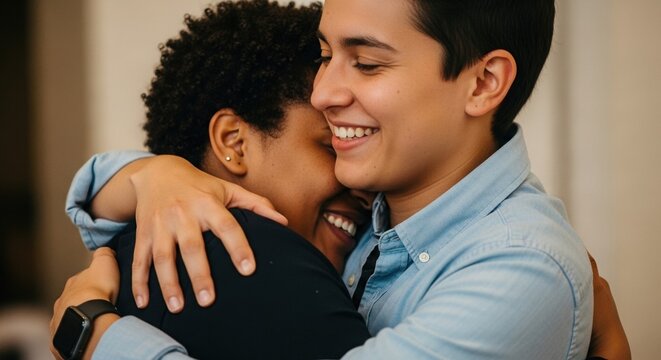 Diverse people hugging and smiling indoors
Close-up of two diverse young people warmly embracing each other with joyful expressions. One has short dark hair, the other has curly afro hair. Concept of 