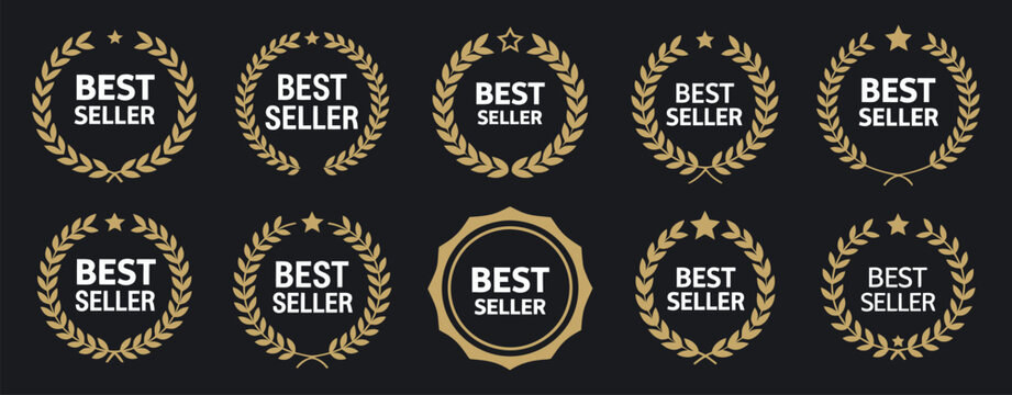 best seller emblem with laurel wreath showcasing a collection of award badges and classic best seller labels, perfect for advertising graphics, product packaging, promotional layouts, and trusted bran