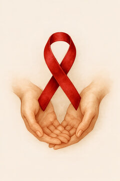 Elegant Hands Holding Red Ribbon &ndash; World AIDS Day Illustration