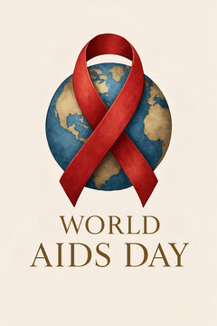 World AIDS Day &ndash; Red Ribbon Around Globe Watercolor Illustration