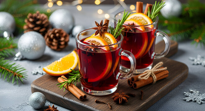 Christmas mulled wine. Traditional Xmas festive drink with decorations and fir tree - Powered by Adobe