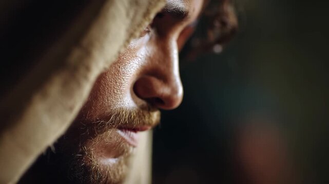 Prayer of Jesus Christ in the Garden of Gethsemane, depicting deep emotions and spiritual connection at a sacred moment before his crucifixion during the evening hours