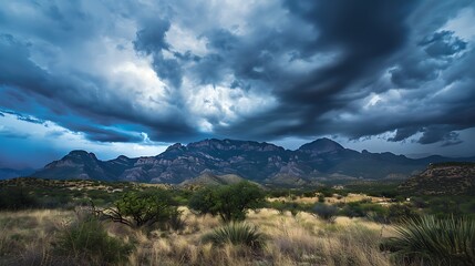 Dramatic stormy sky over Arizona mountains creates a powerful landscape with desert foliage in the foreground