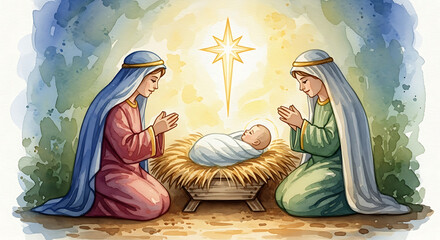 Nativity scene featuring Mary and baby Jesus in manger. Nativity scene celebrates birth of Jesus Christ with holy figures, star of Bethlehem symbolizing hope.