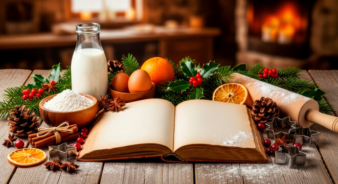Cozy Christmas atmosphere in the kitchen with a book of Christmas recipes surrounded by dairy products, eggs, flour, fragrant spices for Christmas baking - Powered by Adobe