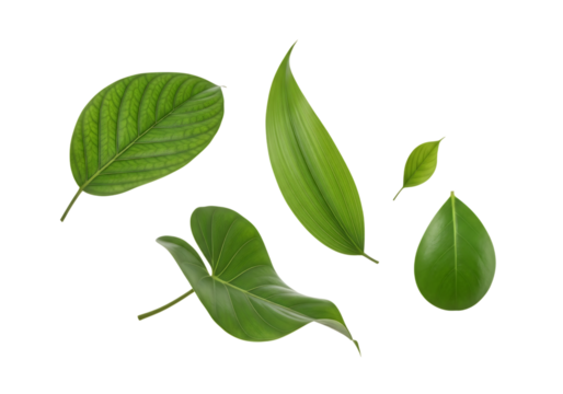 Collection of five different vibrant green tropical plant leaves of various shapes and sizes isolated on transparent background