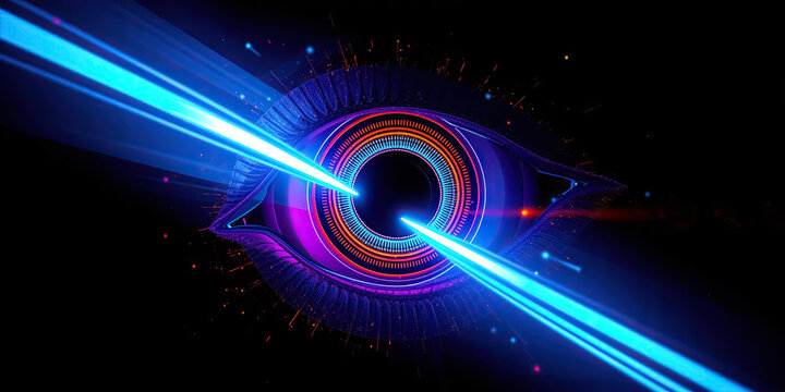 Futuristic eye with glowing neon lasers penetrating its core symbolizing advanced surveillance and AI