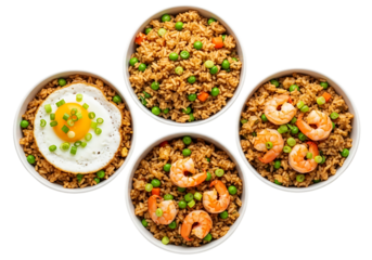 Four bowls of delicious fried rice featuring shrimp and a sunnysideup egg, all presented together isolated on transparent background