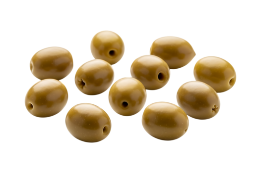 A small cluster of ten pitted green olives arranged loosely together, isolated on transparent background
