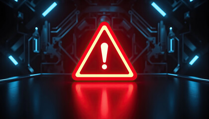 Urgent warning alert digital interface glowing red exclamation mark in futuristic cybernetic environment