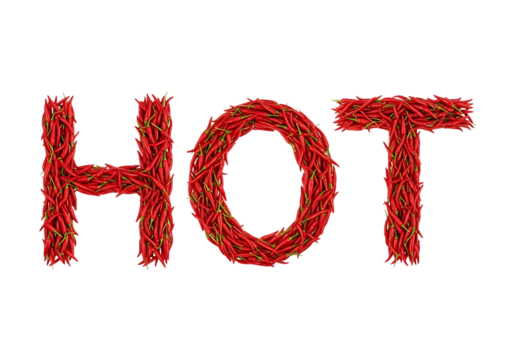 The word hot spelled out using numerous small, bright red chili peppers arranged on a transparent background - Powered by Adobe
