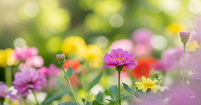 Vibrant blooms fill a sunlit garden where pink, yellow, and orange flowers create a dreamy, colorful scene surrounded by gentle greenery and soft bokeh highlights in the warm background.