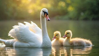 Fototapeta premium Adult swan swims with two cute ducklings on calm lake water surface. Gentle light illuminates mother bird and babies. Family floats peacefully among green natural surroundings.