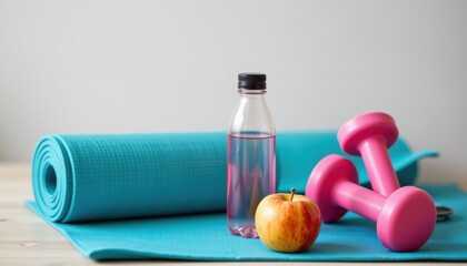 Fitness motivation healthy lifestyle scene with dumbbells water bottle and apple on yoga mat