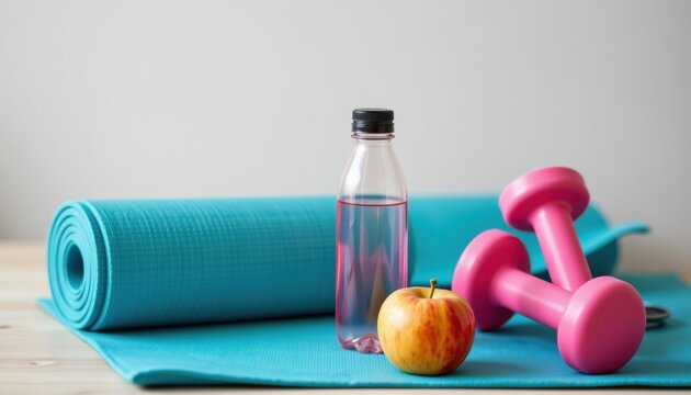 Fitness motivation healthy lifestyle scene with dumbbells water bottle and apple on yoga mat