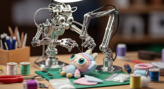 Intricate mechanical apparatus carefully stitches a small, soft textile toy on a cluttered workbench
