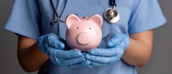 Cute piggy bank in mask and gloves held by doctor in blue uniform, symbolizing healthcare funding and financial wellness in modern medicine