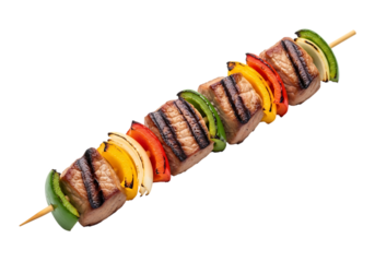 Grilled beef and vegetable skewer with colorful bell peppers and onion, perfectly charred and isolated on transparent background