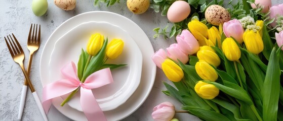 Spring table setting with white plate, golden cutlery, and pink ribbon on a concrete backdrop featuring fresh flowers and Easter eggs