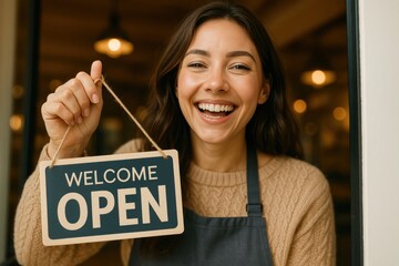 Open for Business: A friendly business owner with a warm smile welcomes patrons with an Open sign, embodying hospitality and entrepreneurship.